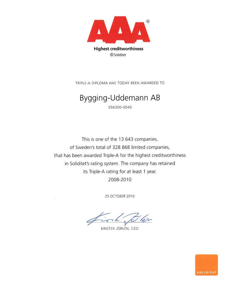 AAA diploma for Bygging Uddemann in 2010