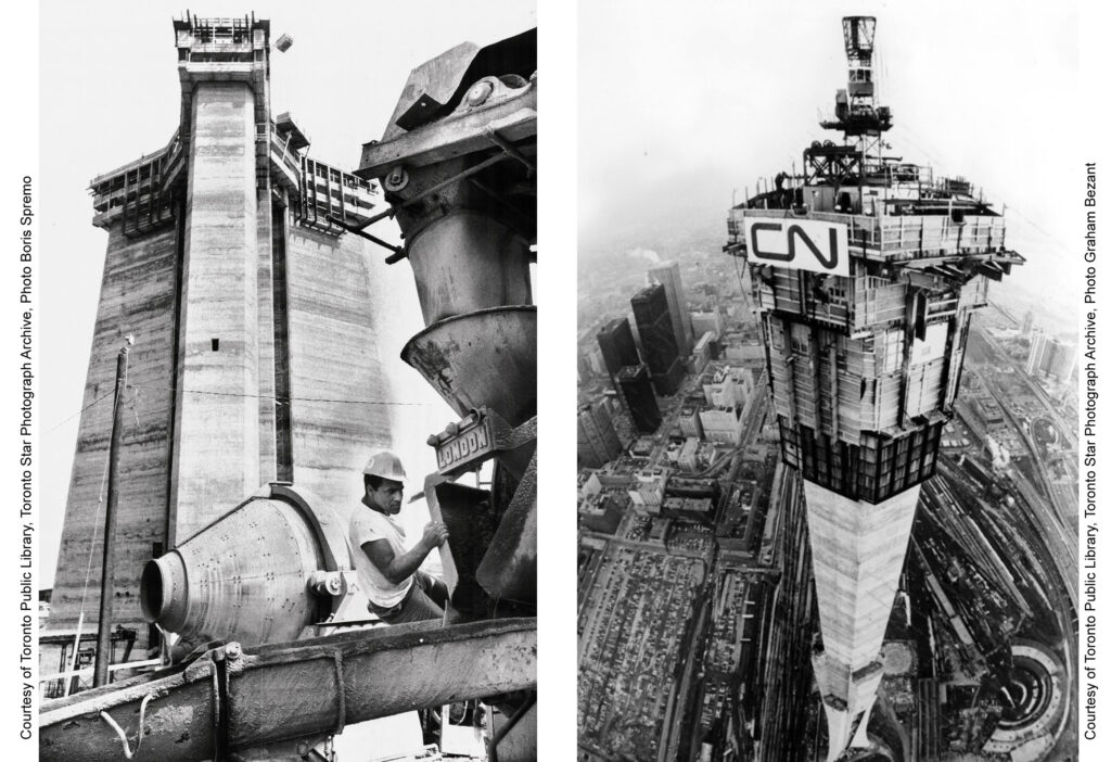 The slipform rises and reaches its peak. The picture on the right was taken on February 22, 1974, shortly after the slip forming was finished at level 446 meters.